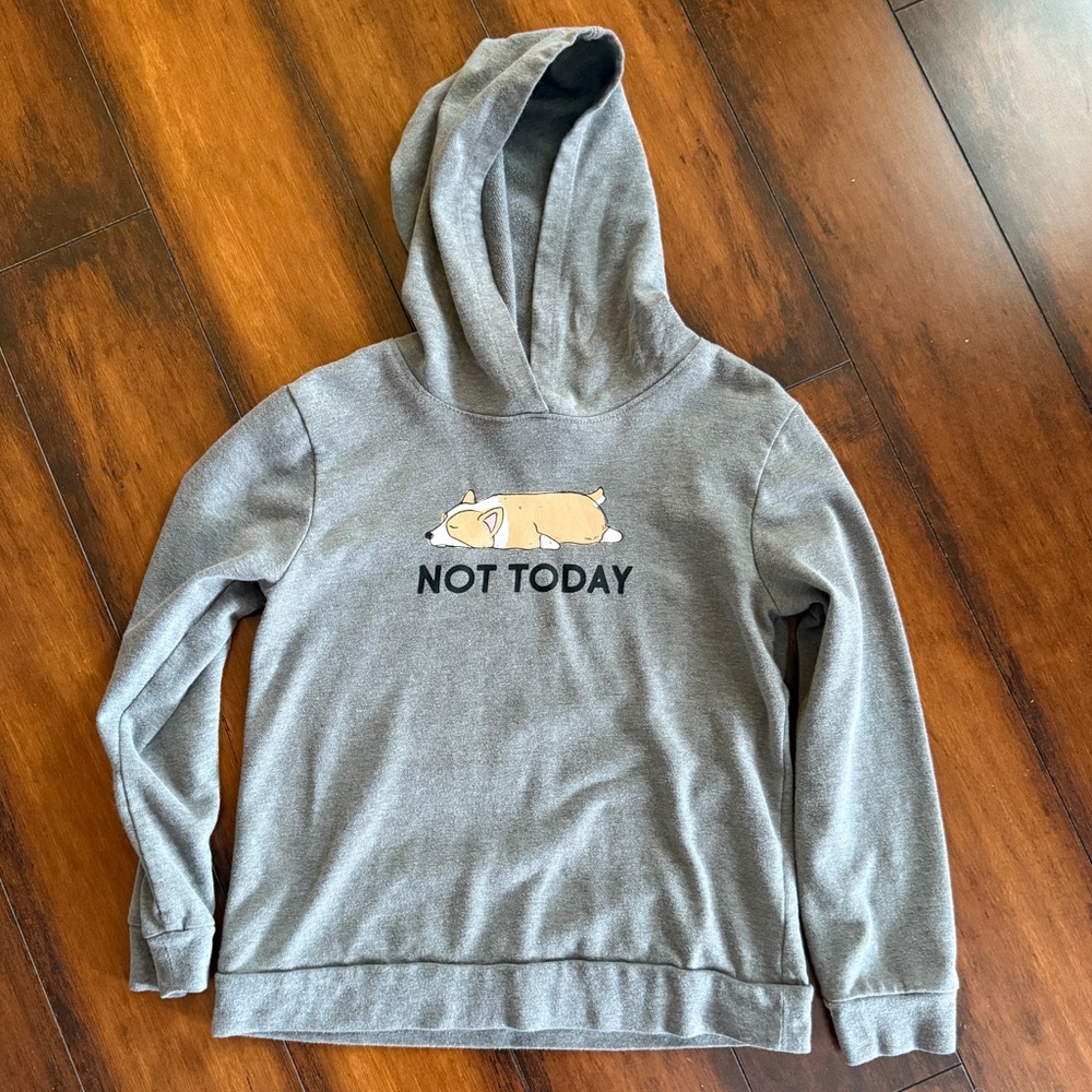 Youth Light Weight Hoodie “Not Today” Sleeping Dog Corgi Size Medium Grey